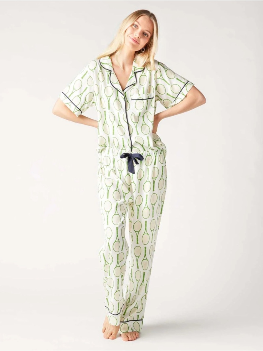 Green Tennis Print Pajama Set with Navy Trim